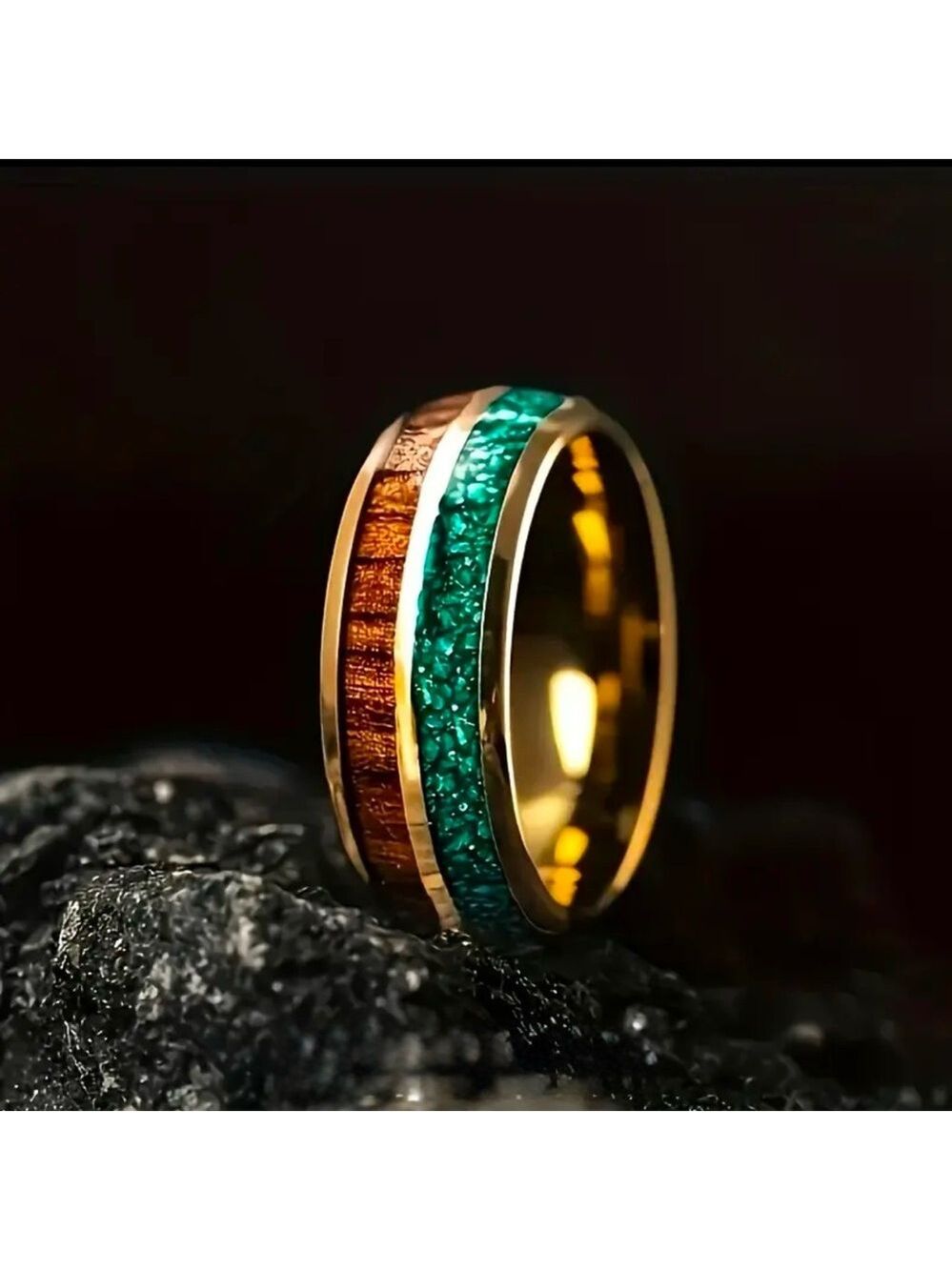 Men’s Gold Polished Stained Steel Natural Stone Inlay Ring Band size 11 12 13